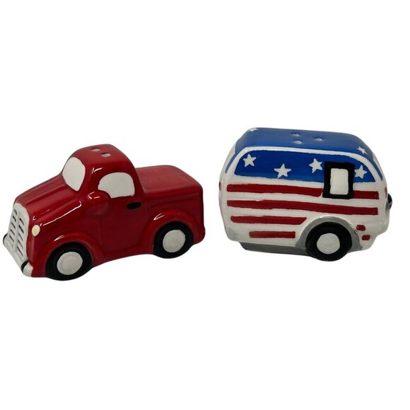 Red Truck Patriotic Summer July 4 Salt Pepper Shaker Set Camper Trailer NEW Blue - Picture 8 of 8